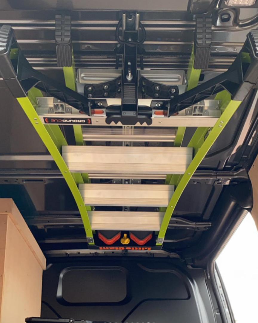 JET Rack holding a Little Giant King Kombo in a Ford Transit Custom