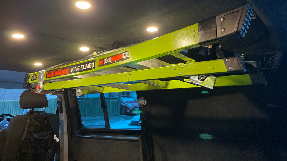 JET Rack holding Little Giant King Kombo in a Volkswagen Transporter T6 Kombi