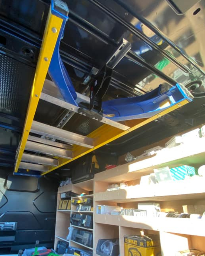 JET Rack holding a ladder in the ceiling of a Ford Transit Custom